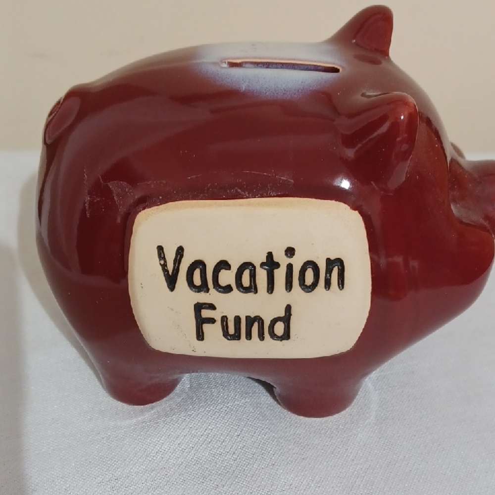 Ceramic Red Piggy Bank Figurine with Vacation Fund Label